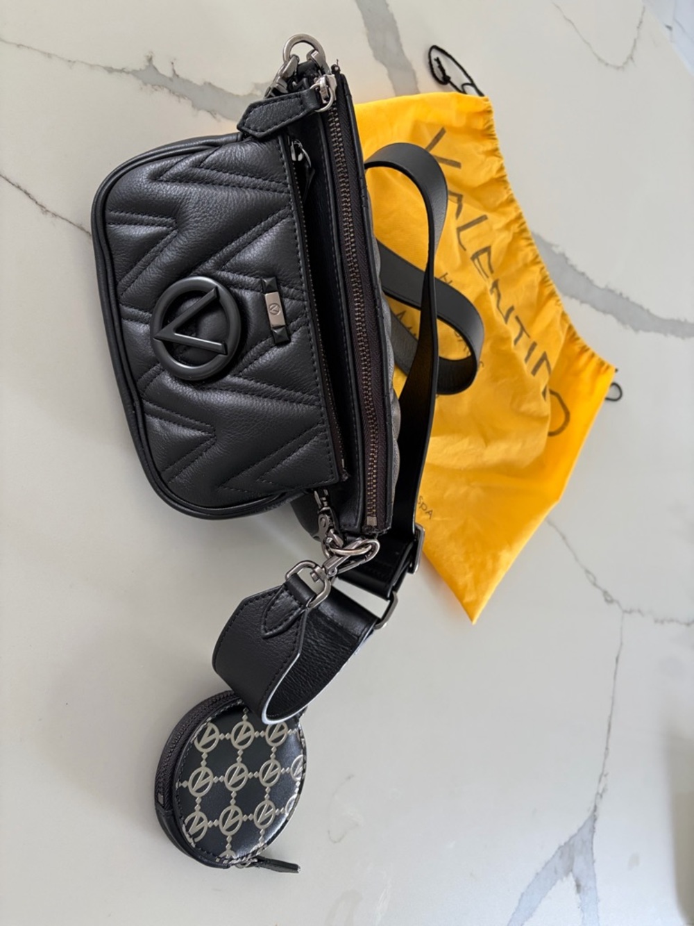 Valentino Black Quilted Leather Crossbody Camera Bag with Coin Pouch